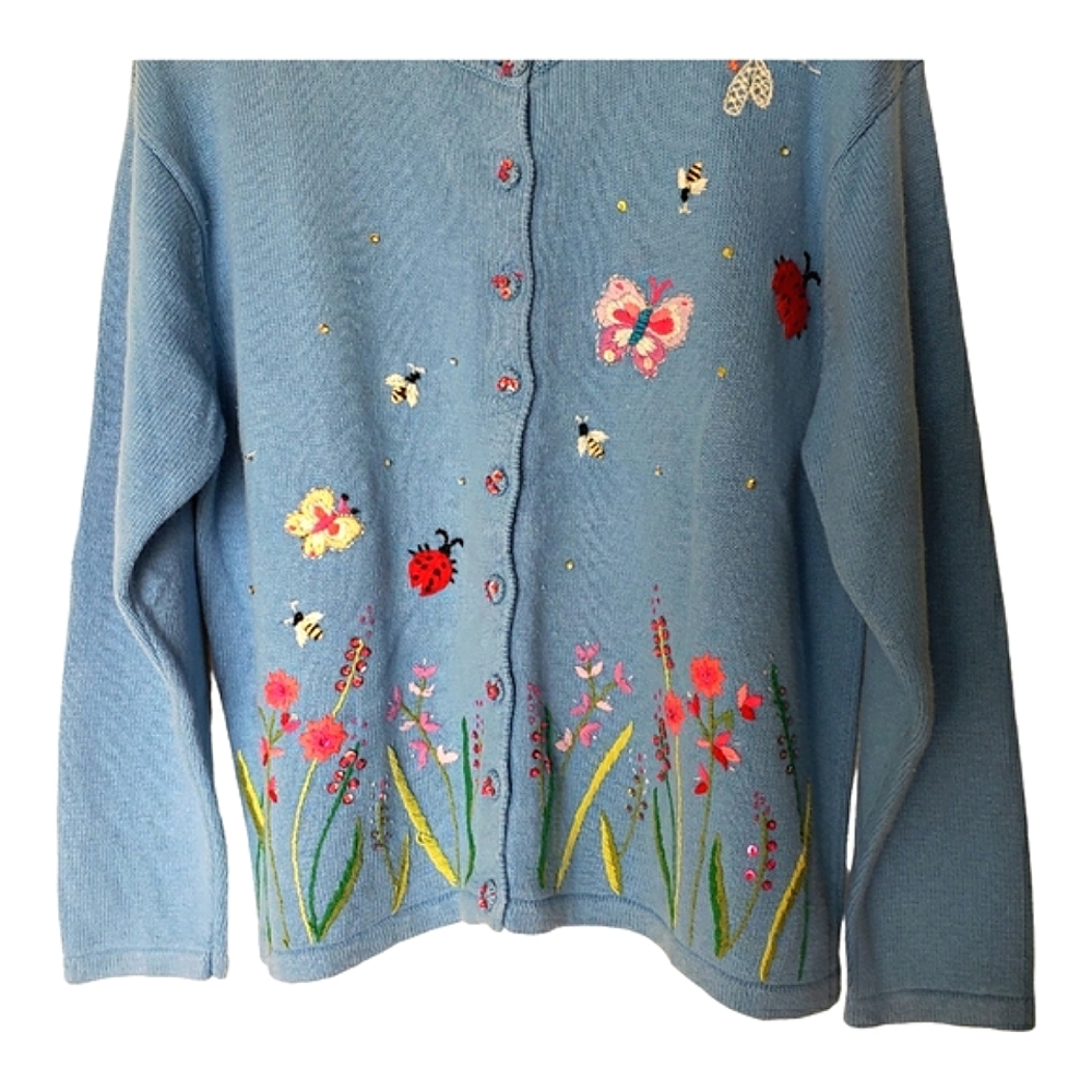 Heirloom Collectibles Vintage Blue Embroidered Sweater Size XL Ladybug Butterfly - Picture 5 of 7